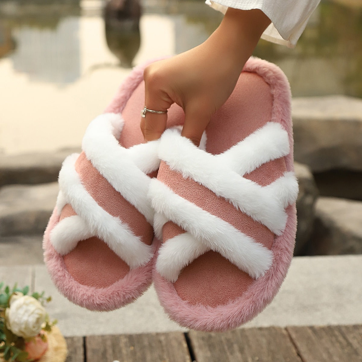 Fluffy Plush Cross Strap Slippers