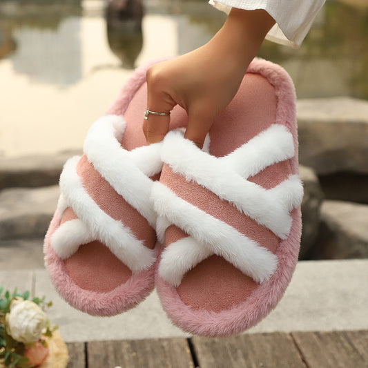 Fluffy Plush Cross Strap Slippers